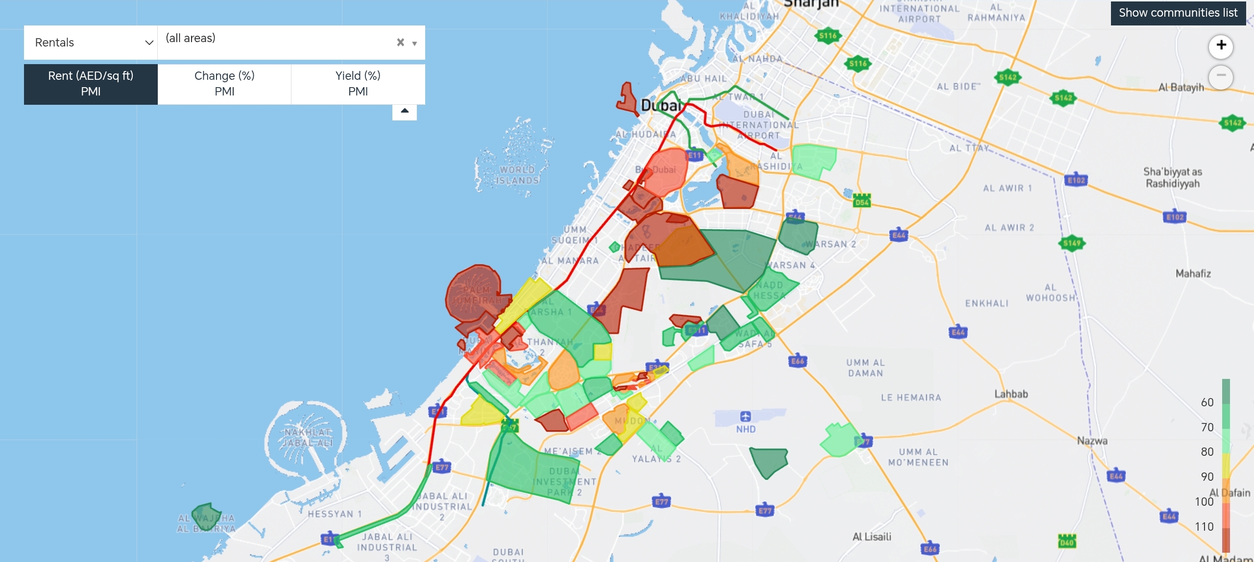Dubai rental price per sqft by area