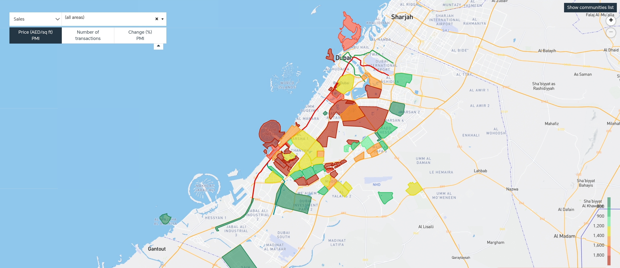 Dubai property price AED/sqft in different areas