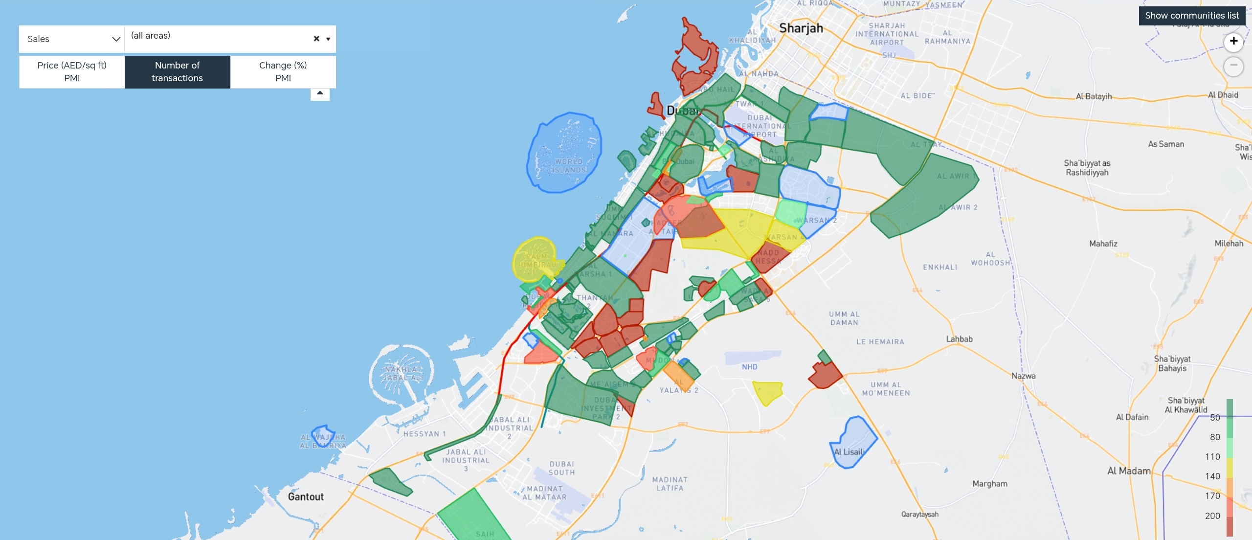 Dubai property number of sales transaction in different area