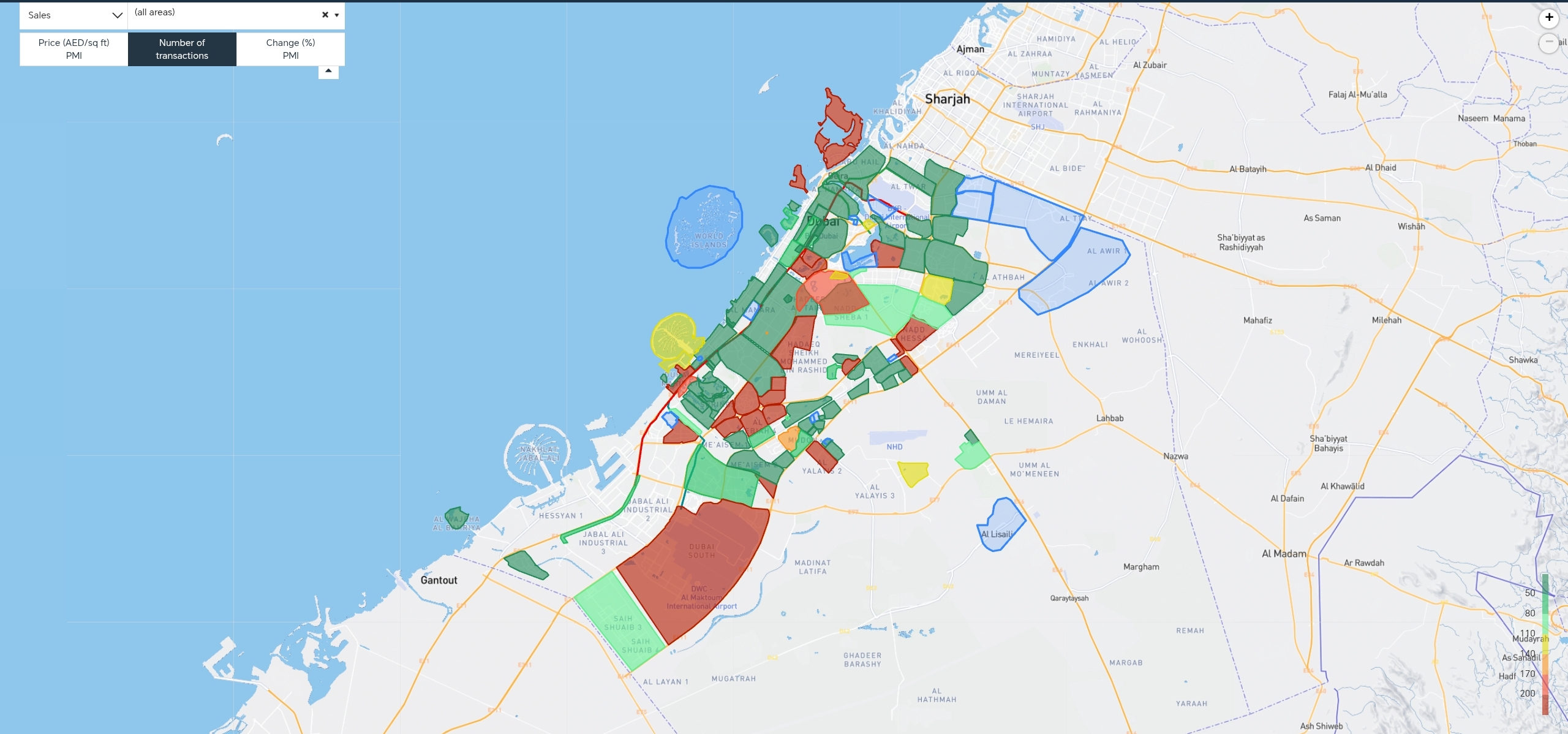 Dubai property number of sales transaction by area
